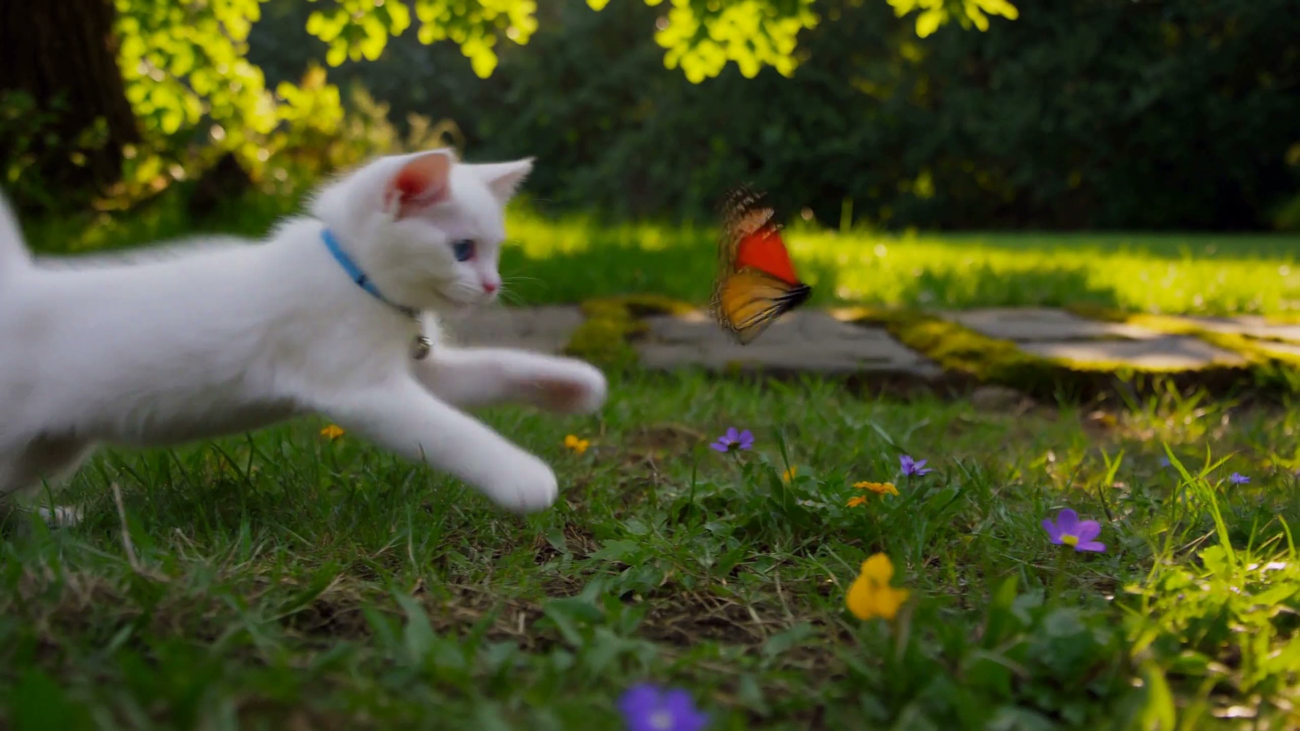 A white kitten chasing a butterfly across a sunny lawn