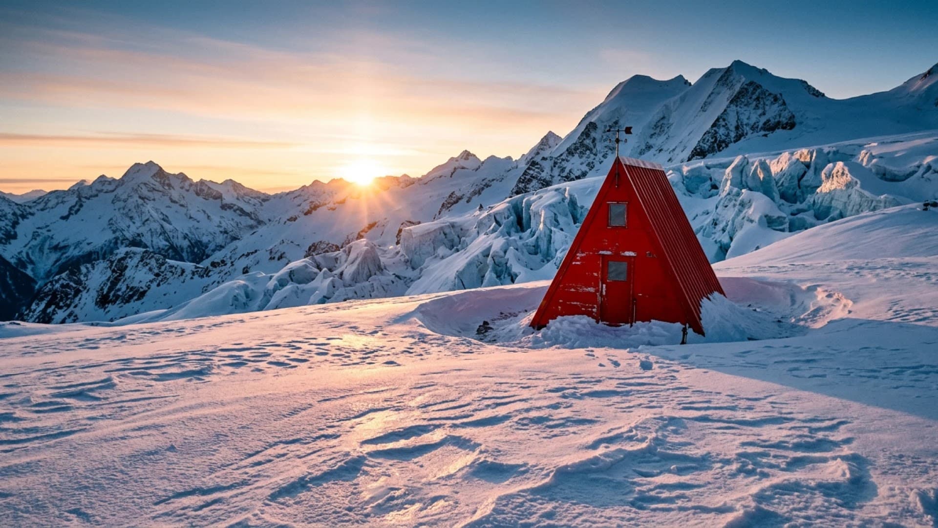A red A-frame hut on a snowy glacier plateau at sunrise