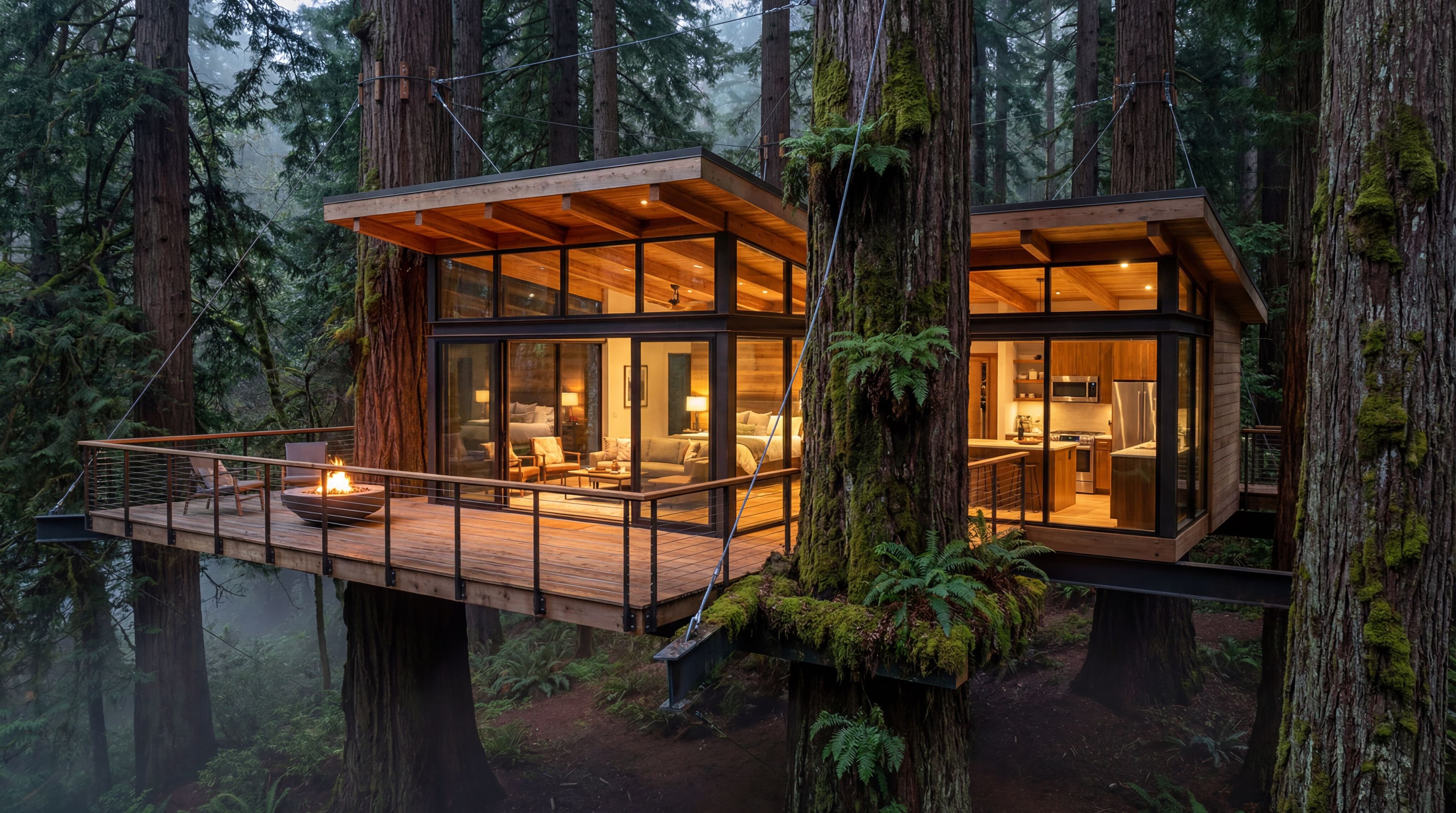 A glass-walled treehouse suite with a deck and a fire pit among redwoods