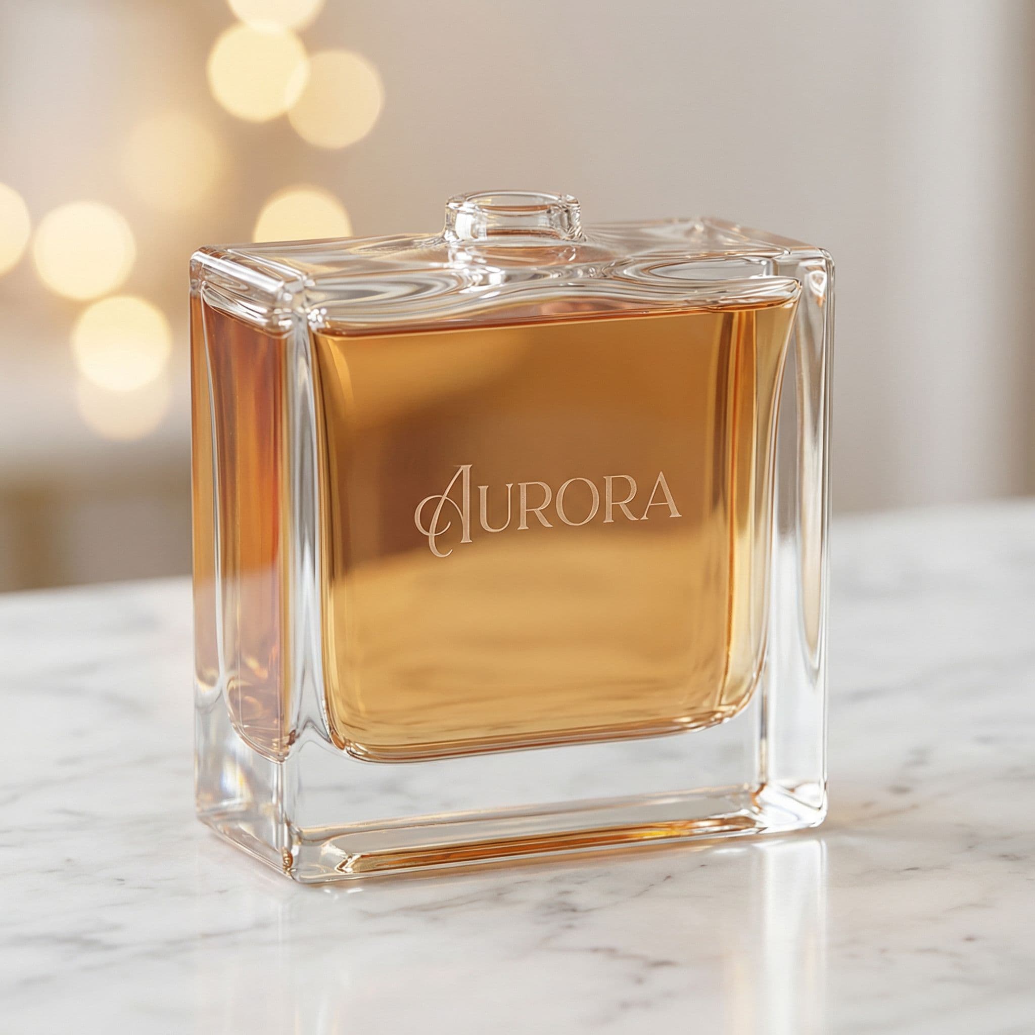 A square amber perfume bottle engraved “Aurora” on white marble