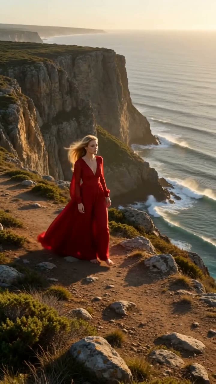 A woman in a flowing red dress walking along a sea cliff at sunset
