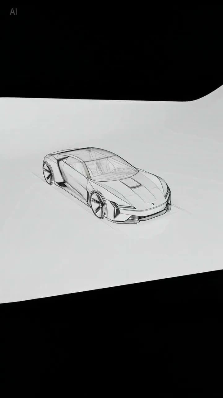 A pencil sketch of a car turning into a silver car on a desert road