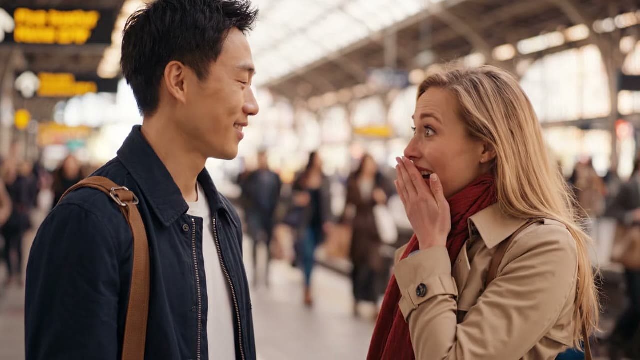 Two friends hugging on a busy train platform