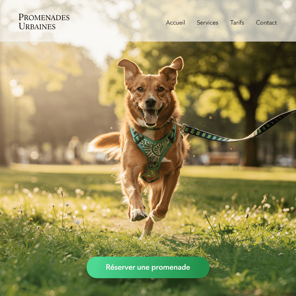 A landing page for a dog-walking service, a ginger dog running across a park