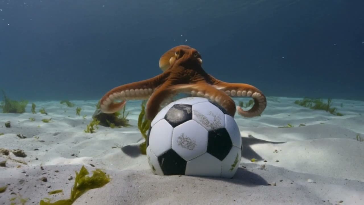 An octopus pushing a soccer ball across a sandy seabed