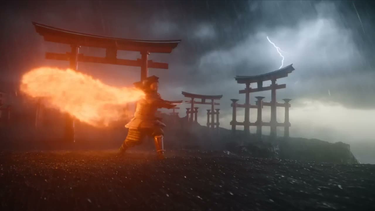 An armored samurai wreathed in fire dueling a white-haired fighter by torii gates